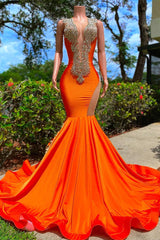Bright Orange V-Neck Sleeveless Mermaid Prom Dress with Elegant Appliques and Train