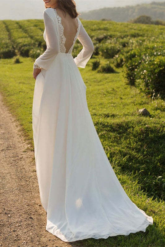 Long Sleeve Backless Chiffon Wedding Dress with Lace Cuffs