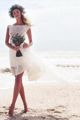 Boho Sleeveless Hi-Lo A-Line Lace Beach Wedding Dress with Bateau Neckline