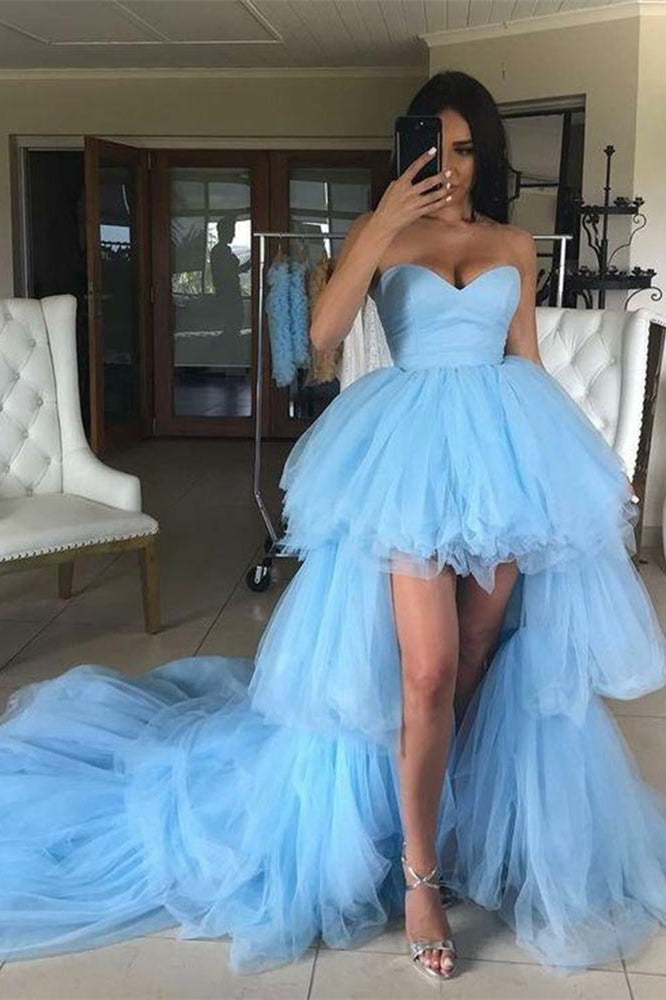 Elegant Blue Sweetheart Tulle Hi-Lo Prom Dress with Layered Skirt
