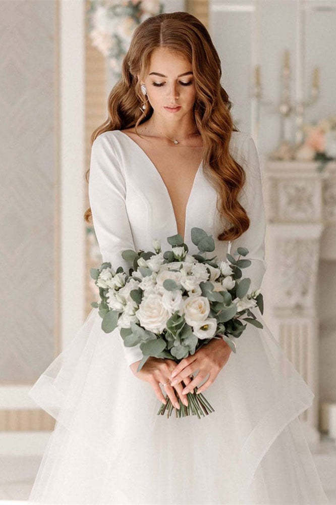 Long Sleeve V-Plunge Tulle Wedding Dress Layered Skirt