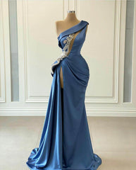 Elegant Blue One Shoulder Mermaid Prom Dress with Beading for Special Occasions