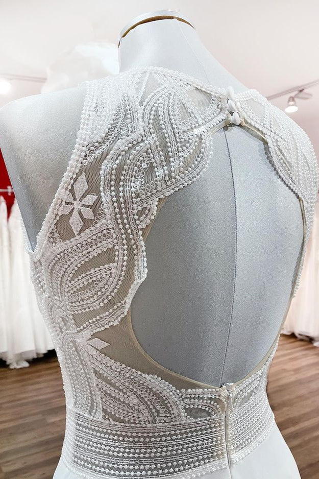 Long A-Line Satin Wedding Dress Jewel Open Back Ruffles Appliques
