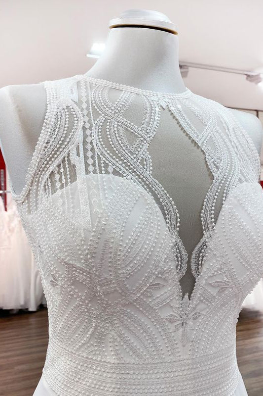 Long A-Line Satin Wedding Dress Jewel Open Back Ruffles Appliques