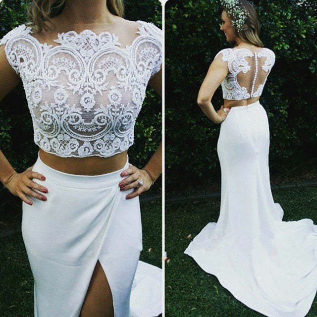 Mermaid Lace Two-Piece Wedding Dress with Beaded Top and Train