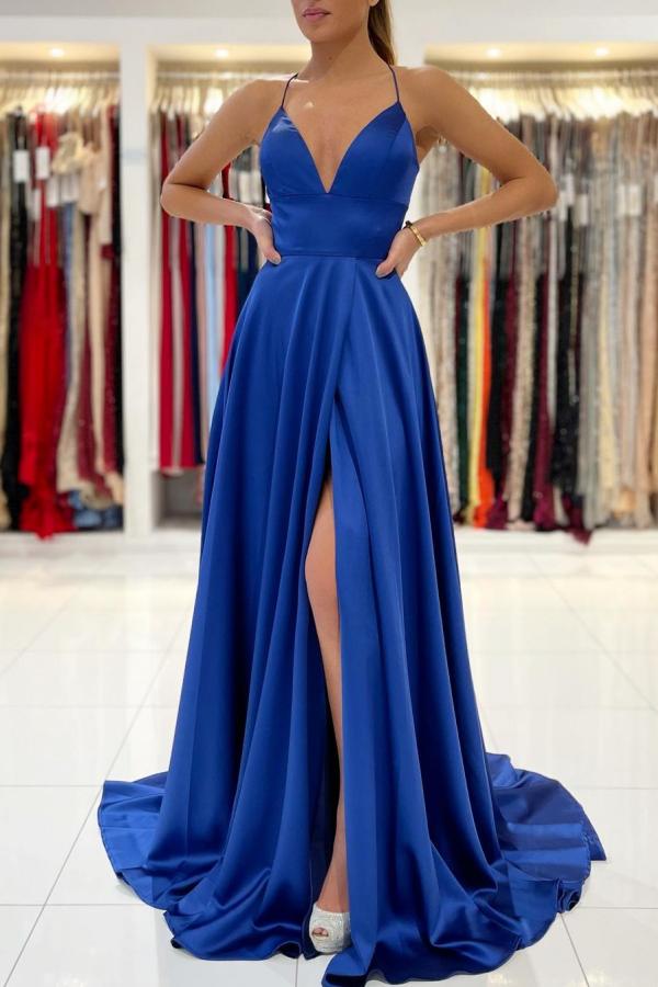 Elegant Royal Blue V-Neck Prom Gown with Thigh-High Slit and Spaghetti Straps