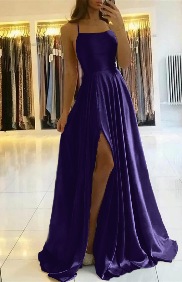 Elegant Spaghetti Straps Floor-Length Prom Dress with Side Slit for Women