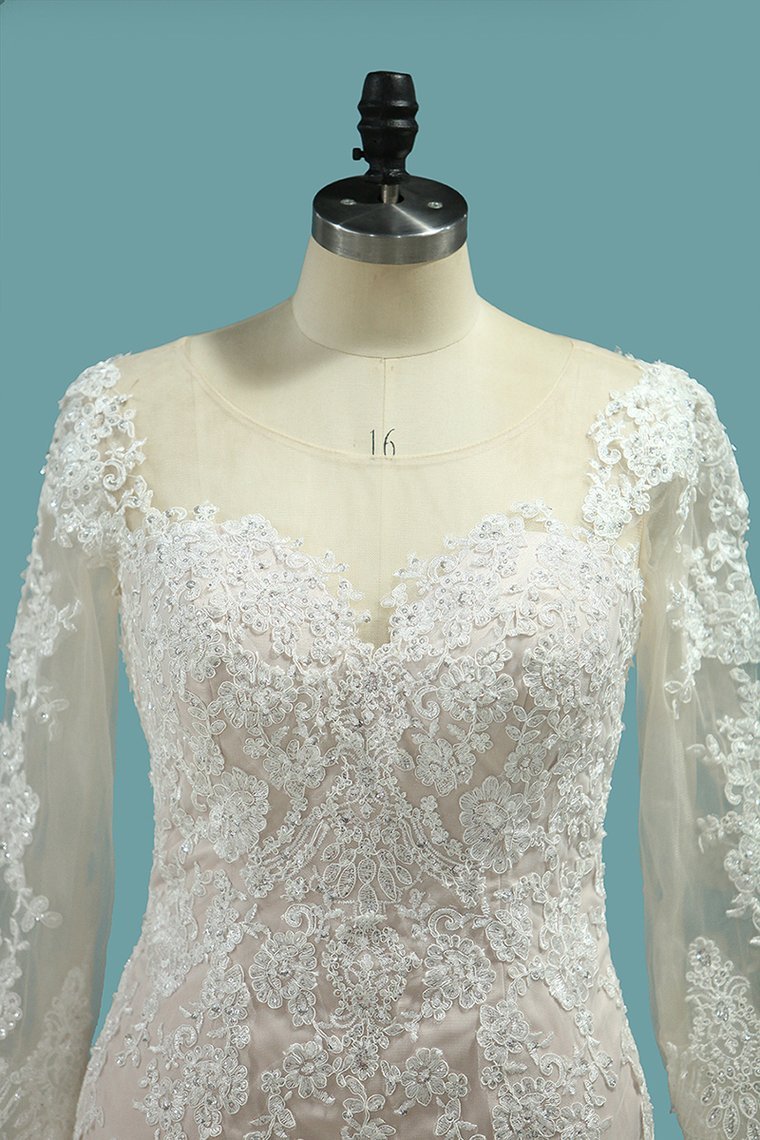 Elegant Bateau Neck Long Sleeve Mermaid Wedding Dress with Exquisite Lace Appliques