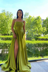 Elegant Empire Waist Strapless A-Line Split Long Prom Dress Evening Gown