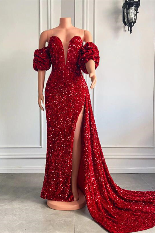 Elegant Strapless Mermaid Prom Dress with Bubble Sleeves and High Split Design Elegant Strapless Mermaid Prom Dress with Bubble Sleeves and High Split Design