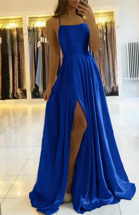 Elegant Spaghetti Straps Floor-Length Prom Dress with Side Slit for Women
