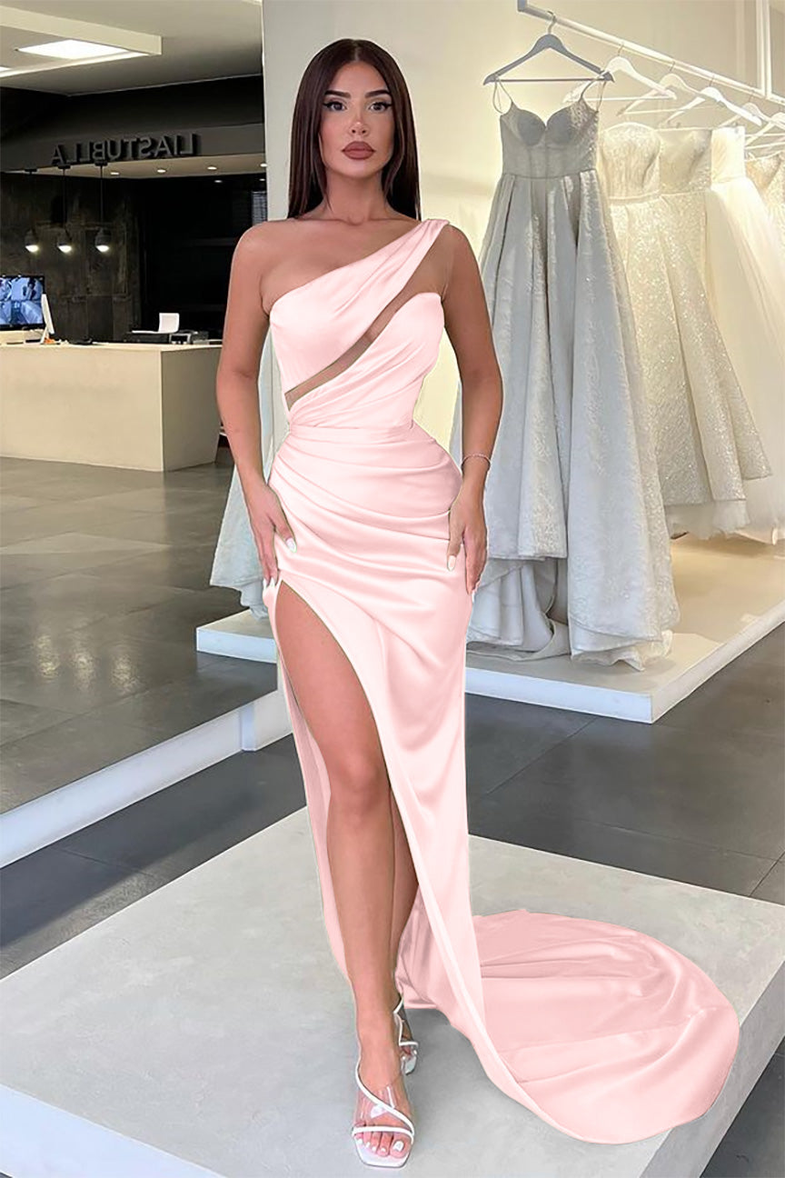 Elegant Light Green One-Shoulder Sleeveless Long Evening Dress with Slit