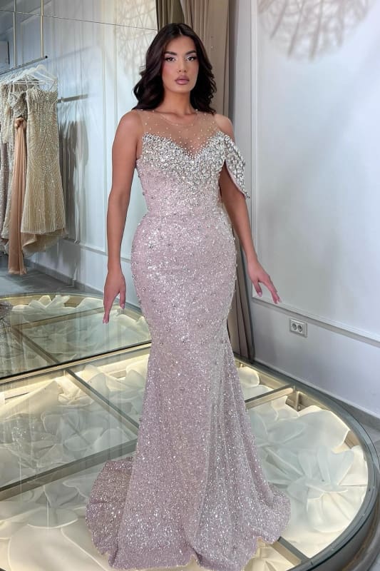 Sparkling Asymmetric Glitter Sequin Mermaid Prom Dress Long with Elegant Slit