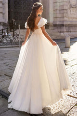 Off-the-Shoulder Chiffon A-Line Wedding Gown with Flowing Train