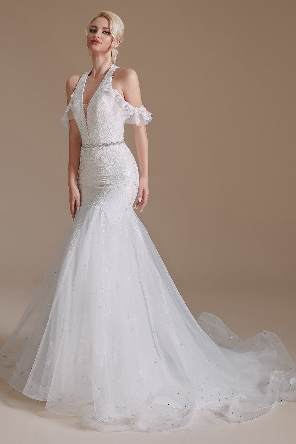 Elegant Mermaid Halter Tulle Wedding Gown with Lace Appliques and Floor-Length Design