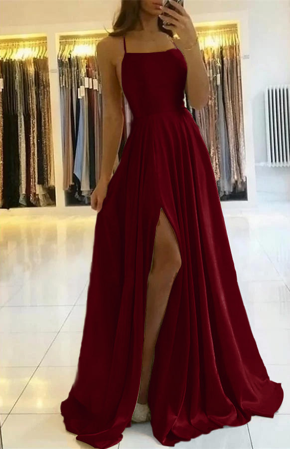 Elegant Spaghetti Straps Floor-Length Prom Dress with Side Slit for Women