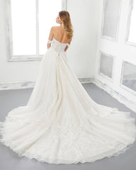 Sweetheart Off-the-Shoulder Wedding Dress with Train Backless A-Line Appliques Lace