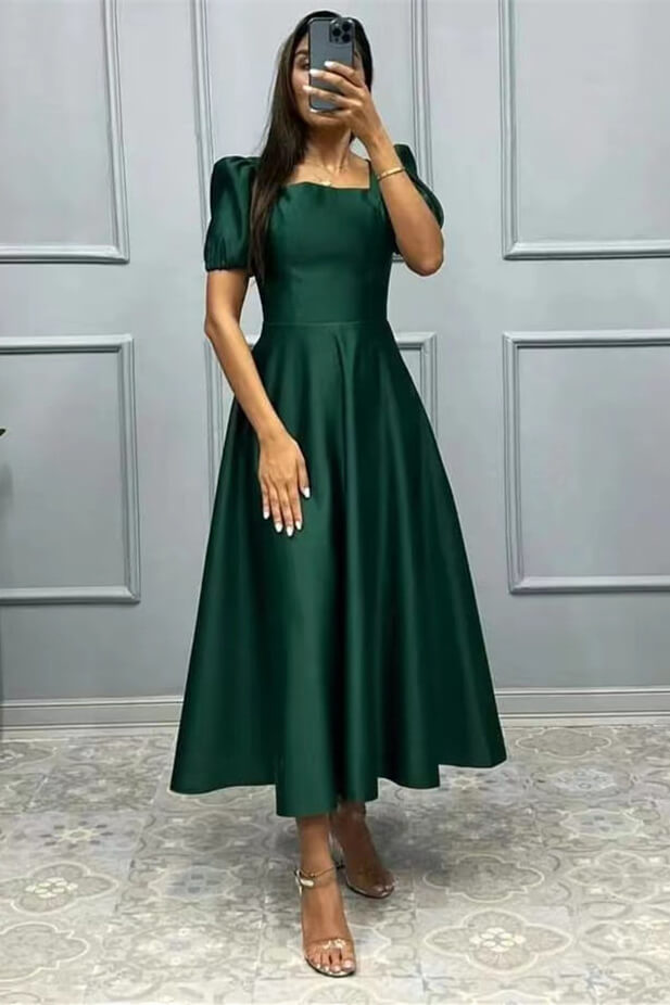 Elegant A-Line Prom Dress with Short Sleeves, Square Neckline Ball Gown