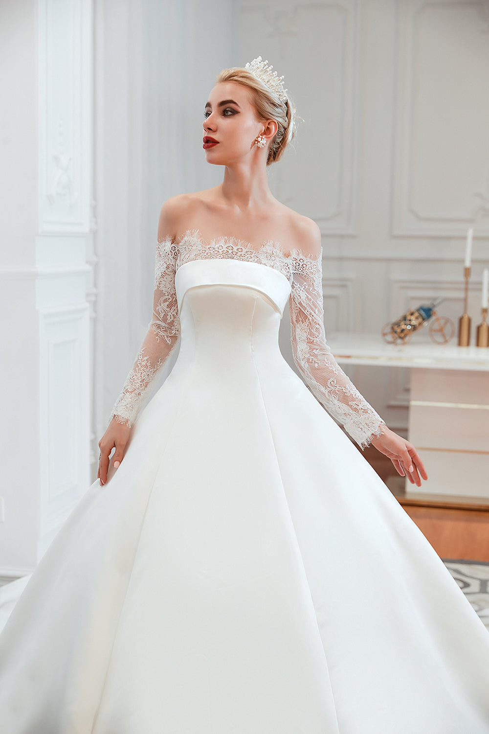 Elegant Off-Shoulder Long Sleeve A-Line Satin Wedding Gown with Delicate Lace