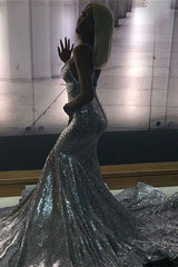 Spaghetti Straps V-Neck Sequined Mermaid Prom Dress Elegant Evening Gown