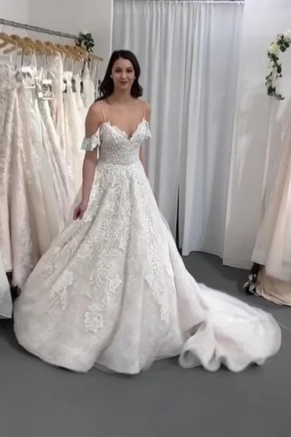Elegant A-Line Spaghetti Strap Backless Tulle Lace Wedding Dress