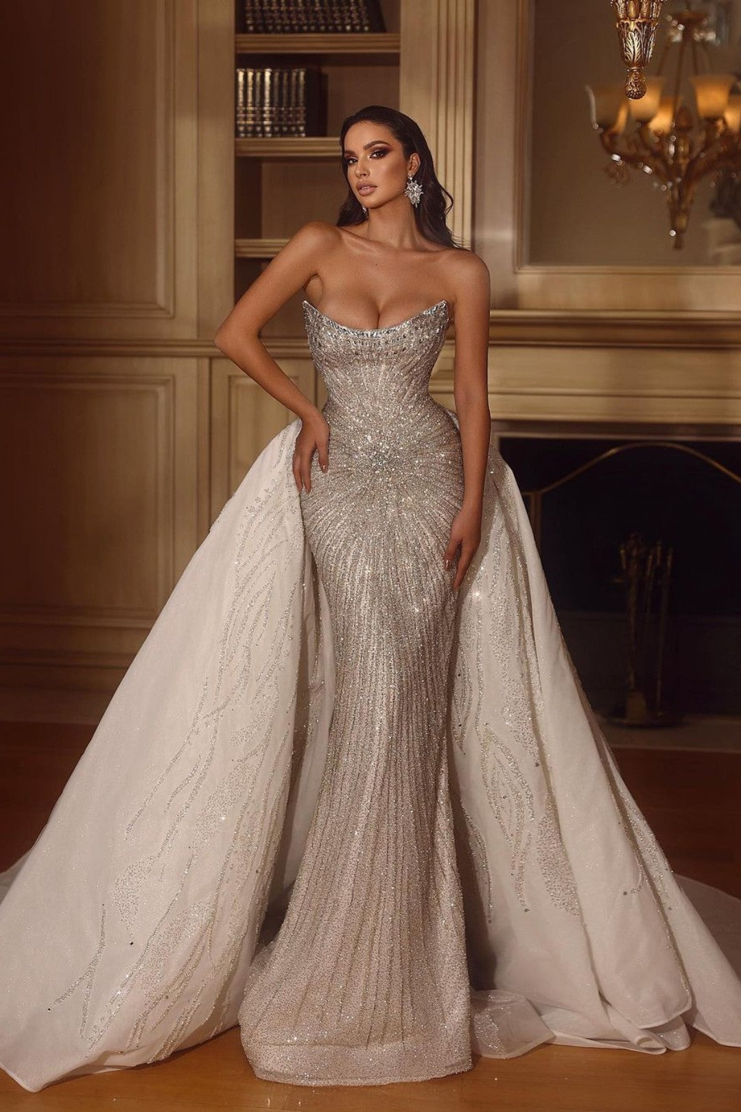 Deep V-Neck Long Sleeves A-Line Wedding Dress With Pearl Details