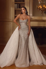 Deep V-Neck Long Sleeves A-Line Wedding Dress With Pearl Details