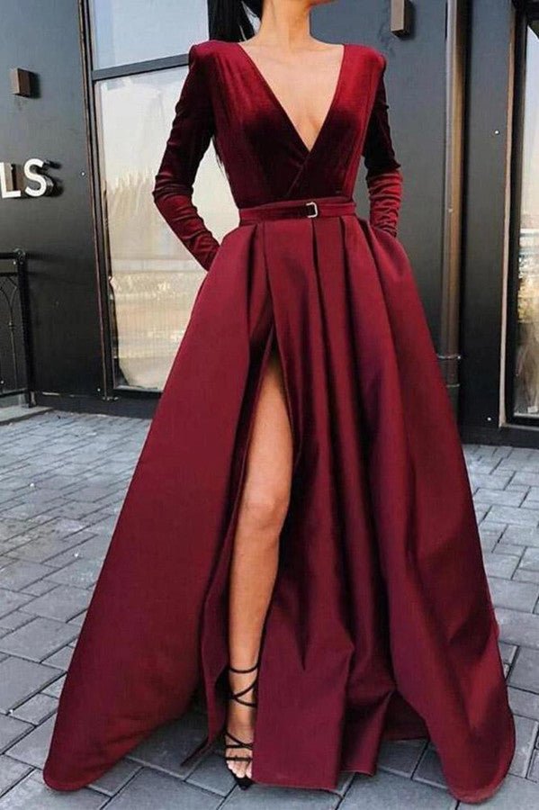 Elegant Long Sleeves Burgundy Prom Dress with Thigh-High Split and Pockets Elegant Long Sleeves Burgundy Prom Dress with Thigh-High Split and Pockets