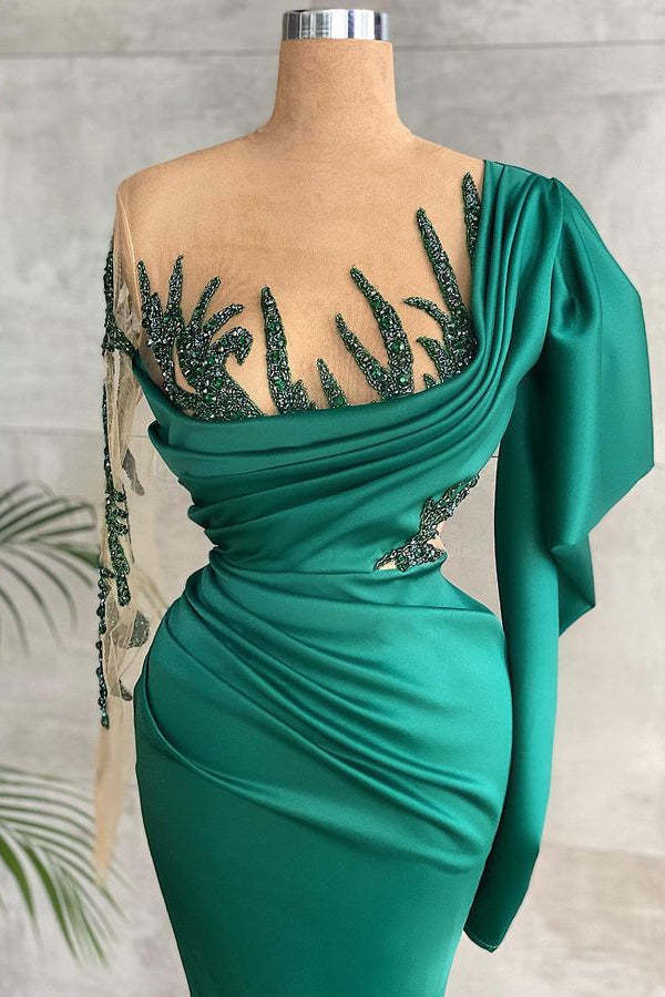 Elegant Emerald Green Beaded Prom Gown with Pleated Long Sleeves & Ruffles Elegant Emerald Green Beaded Prom Gown with Pleated Long Sleeves & Ruffles