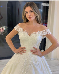 Classy A-Line Off-the-Shoulder Wedding Dress with Lace Appliques and Train