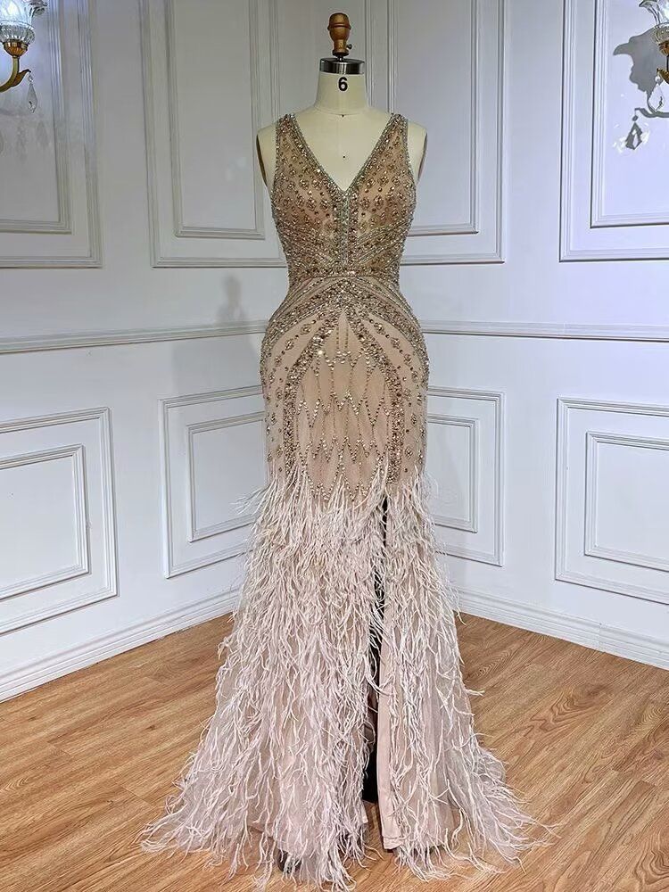 Green Sequin Prom Dress Long Beaded V Neck With Feather Details