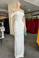 Elegant White Off-the-Shoulder Pleated Mermaid Prom Dress with Slit