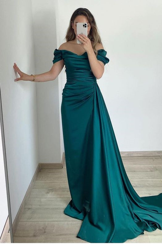 Elegant Mermaid Strapless Off-the-Shoulder Ruffled Prom Dress Long Train Gown
