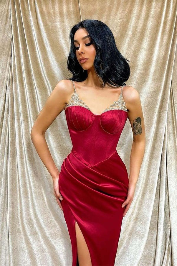 Exquisite Burgundy Spaghetti Strap Beaded Mermaid Evening Prom Dress