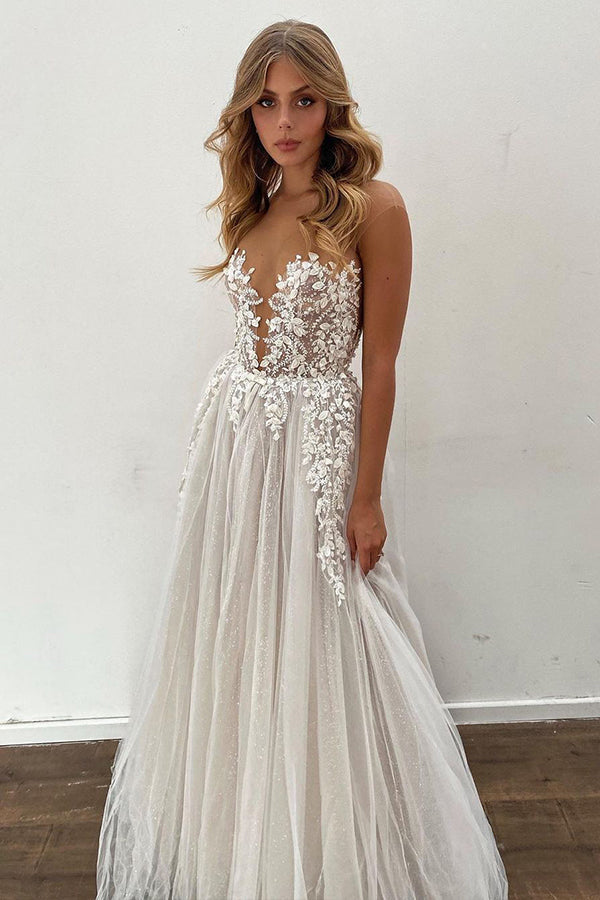 Sheer A-Line Wedding Dress with Tulle Appliqus Floor Length Bridal Gown Sheer A-Line Wedding Dress with Tulle Appliqus Floor Length Bridal Gown
