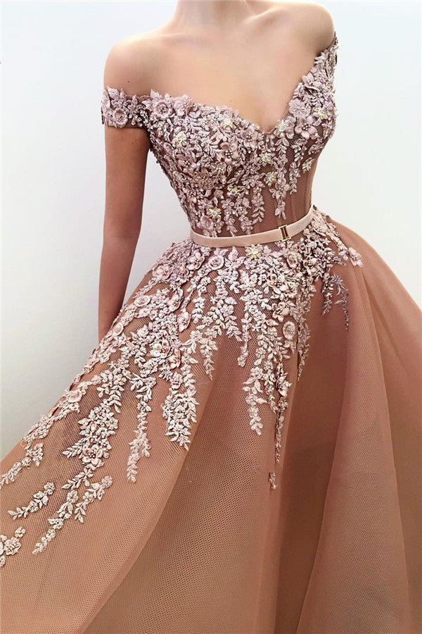 Elegant Off-Shoulder Appliqued V-Neck Mermaid Prom Dress with Belt for Women Elegant Off-Shoulder Appliqued V-Neck Mermaid Prom Dress with Belt for Women
