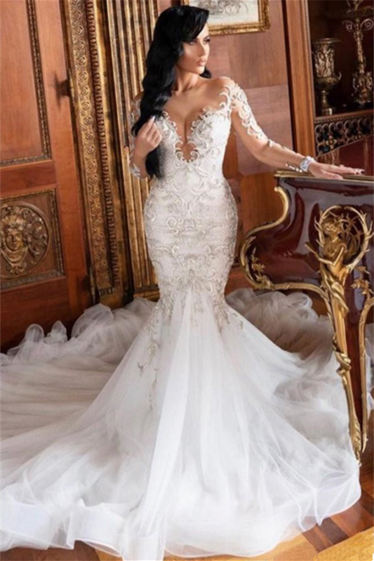 Long Sleeve Mermaid Lace Applique Wedding Gown with Chapel Train