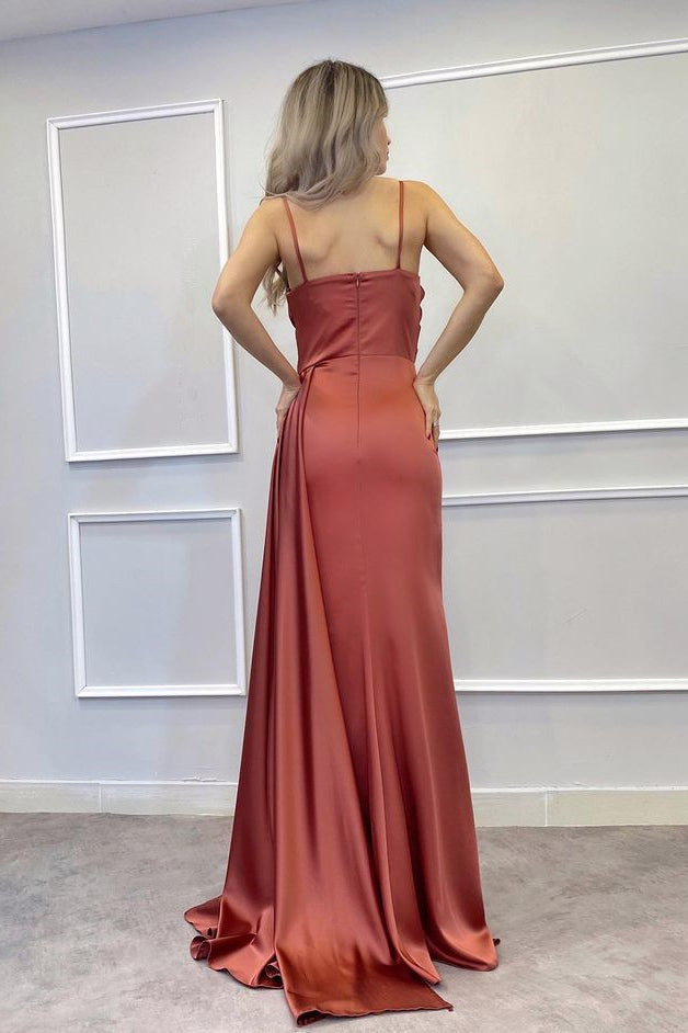 Elegant Spaghetti Strap Beaded Mermaid Prom Dress with Thigh Slit Ruffles