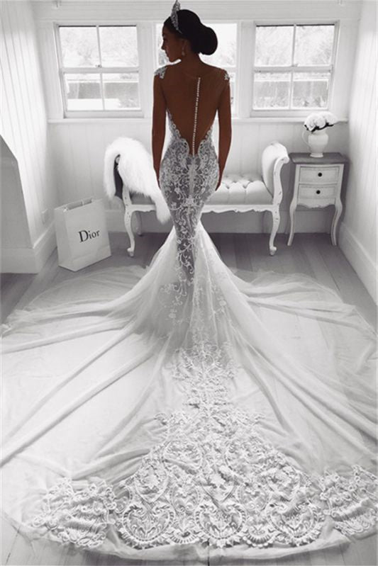 Lace Appliqué Cap Sleeve Mermaid Wedding Dress with Train