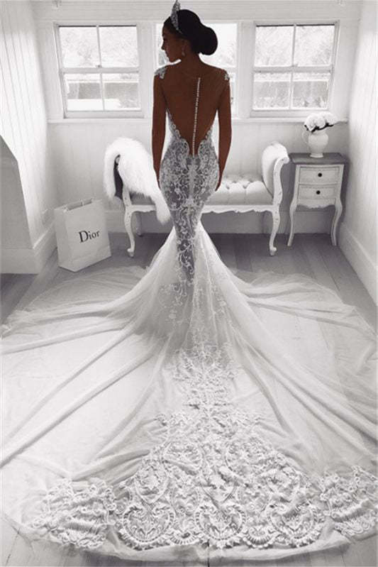 Lace Appliqué Cap Sleeve Mermaid Wedding Dress with Train