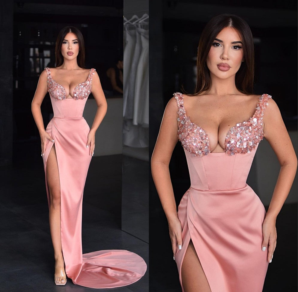 Elegant Pink Sequin Spaghetti Strap Prom Dress with Satin Slit and Built-in Bra Elegant Pink Sequin Spaghetti Strap Prom Dress with Satin Slit and Built-in Bra