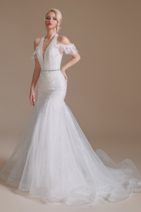 Elegant Mermaid Halter Tulle Wedding Gown with Lace Appliques and Floor-Length Design
