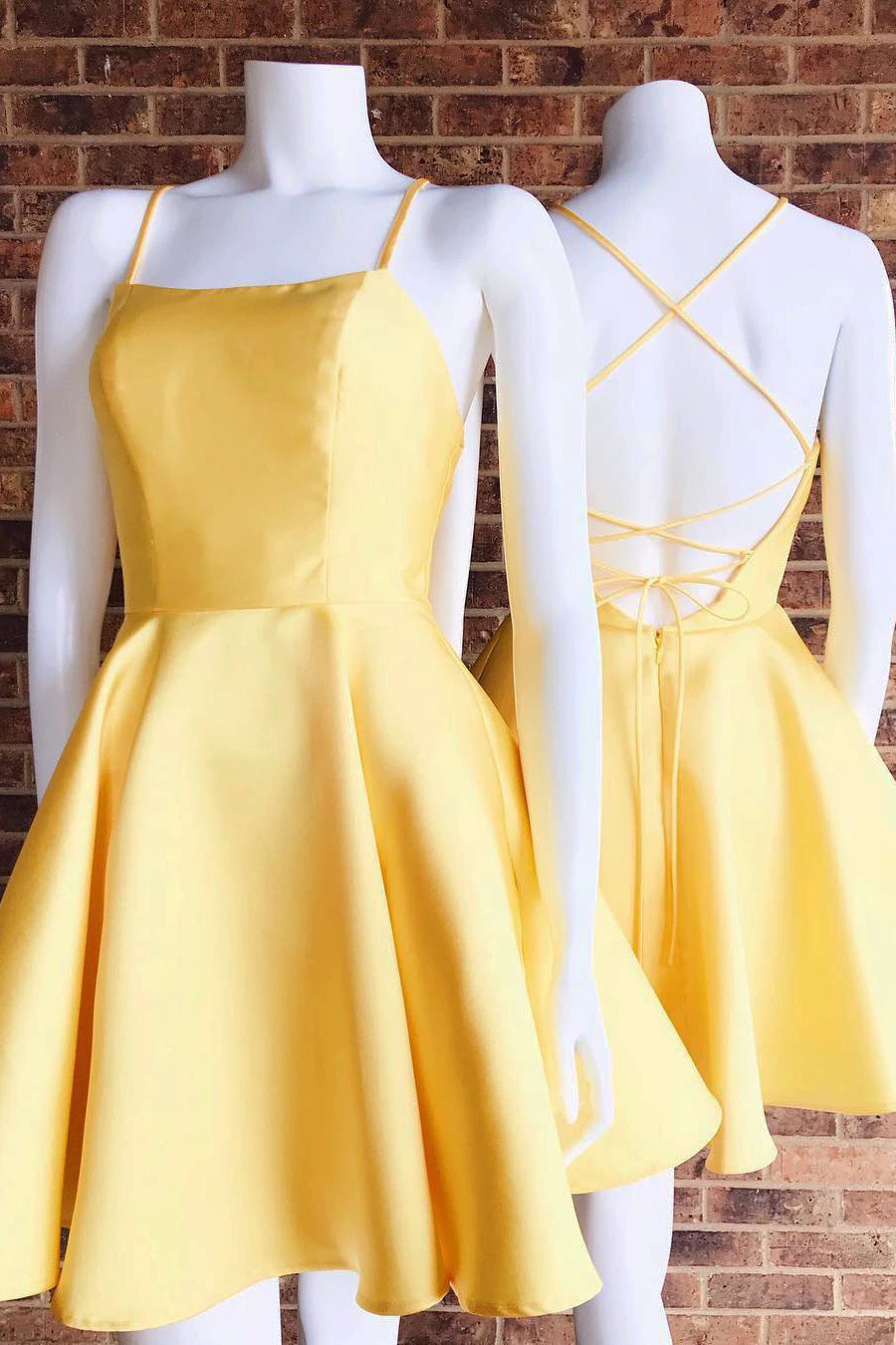 Chic Yellow Backless Short Prom Dress: Elegant A-Line Satin Homecoming & Graduation Gown Chic Yellow Backless Short Prom Dress: Elegant A-Line Satin Homecoming & Graduation Gown