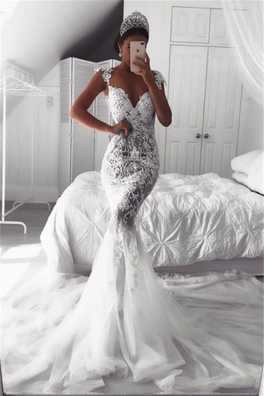 Lace Appliqué Cap Sleeve Mermaid Wedding Dress with Train