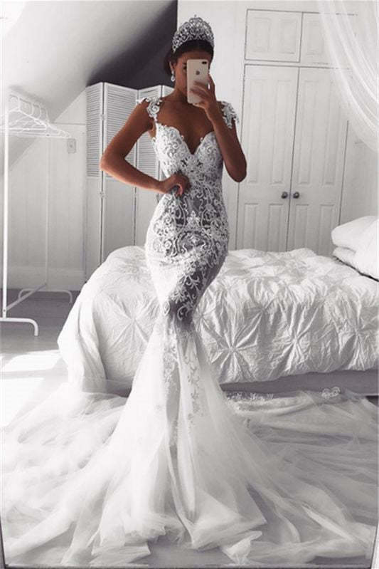 Lace Appliqué Cap Sleeve Mermaid Wedding Dress with Train