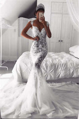 Lace Appliqué Cap Sleeve Mermaid Wedding Dress with Train