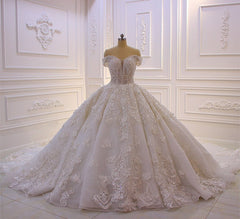 Elegant Off-the-Shoulder A-Line Wedding Dress with Long Sleeves Appliques Court Train
