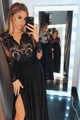 Elegant Black Long Sleeve Prom Dress with High Split and Lace Bodice