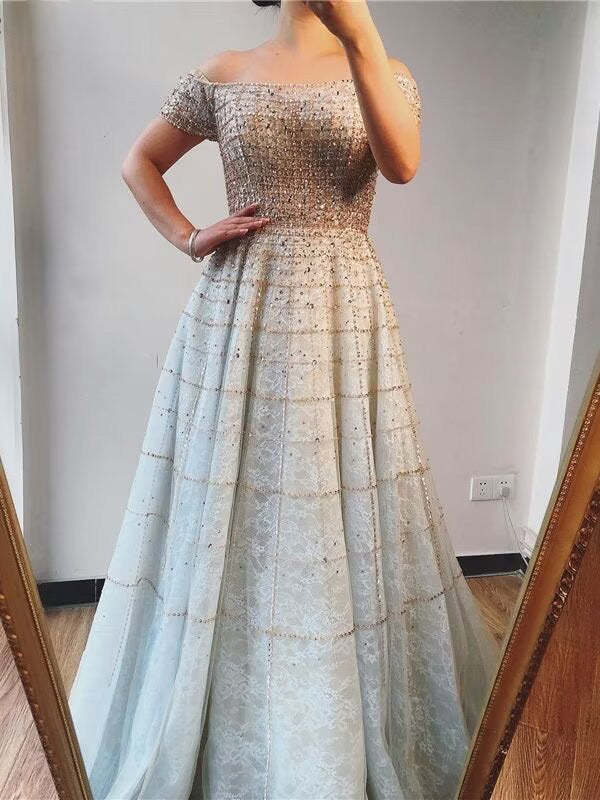 Elegant Sequined Off Shoulder Long Sleeve Prom Dress A Line Design