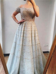 Elegant Sequined Off Shoulder Long Sleeve Prom Dress A Line Design